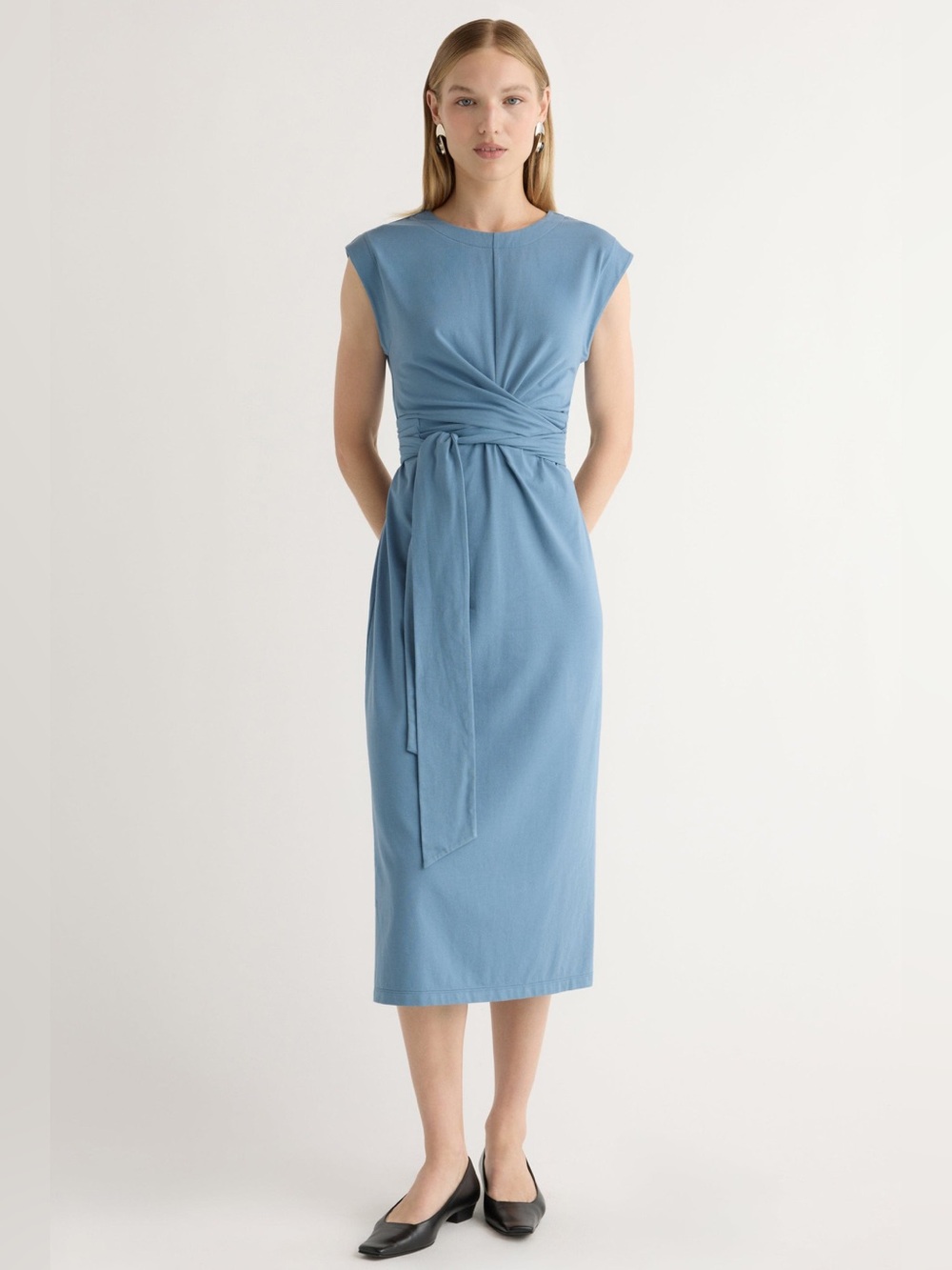 Modern Citizen Fei Tie-Front Organic Cotton Dress Steel Blue Wrap Tie Dress L